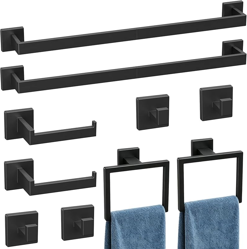 Luxbaro 10-Pieces 24 Inch Matte Black Bathroom Accessories, Wall Mounted | SUS304 Stainless Steel Black Towel Bar Set, Bathroom Hardware Set, Bathroom Towel Holder Set