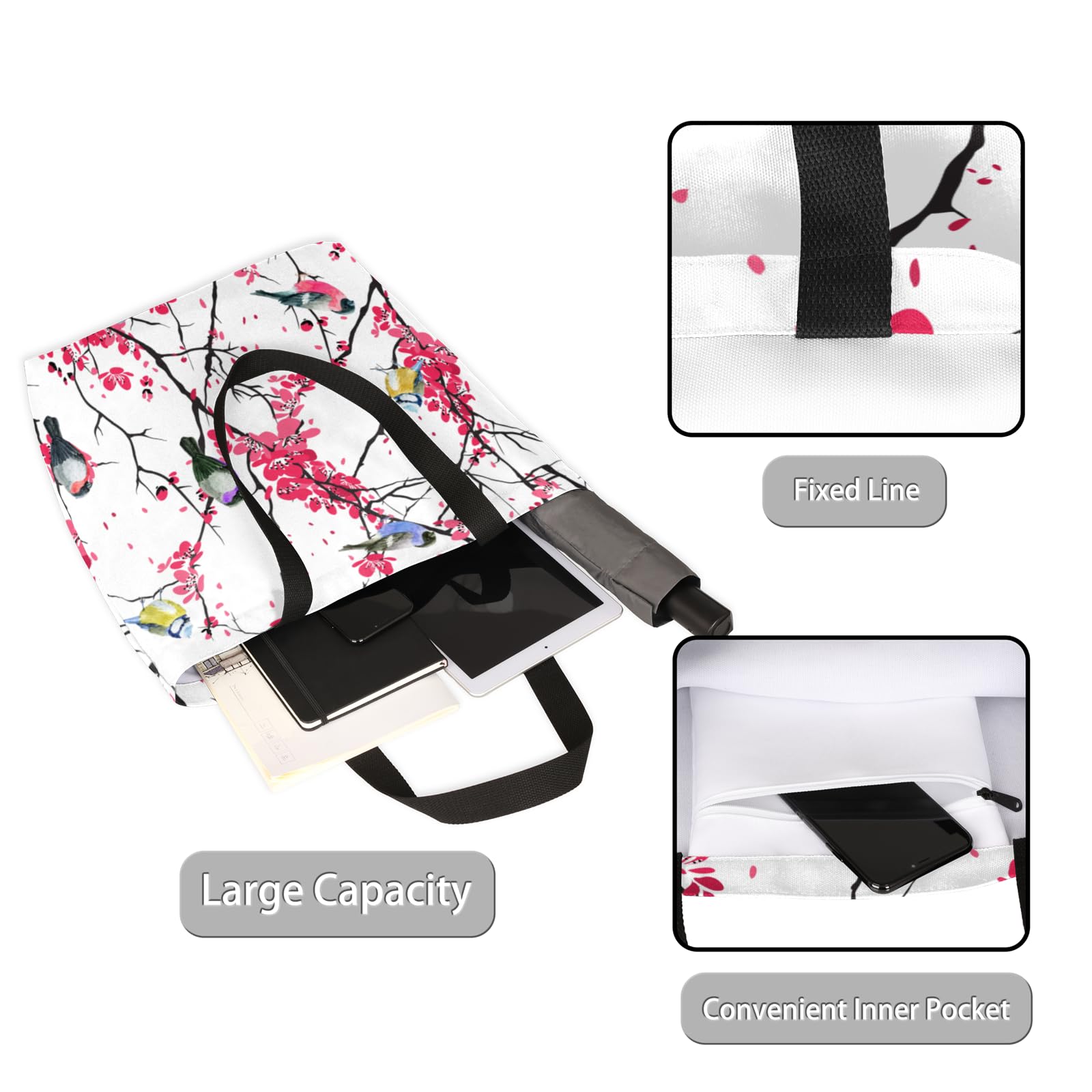 Mularoka Painted Flowers Birds Large Capacity Canvas Tote Bag Stylish Handheld Shoulder Bag Reusable Shopping Bag for Work Travel Beach Trips Shopping