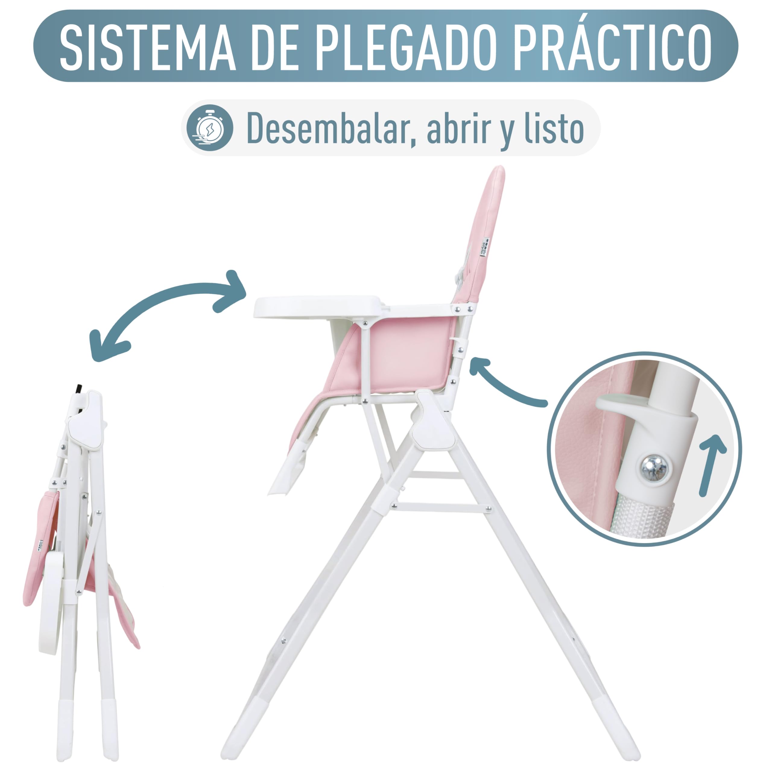 IB STYLE Trona Bebé Leno - Silla de Comer Plegable y Ahorra Espacio, Evolutiva con Bandeja y Reposapiés, Arnés de 5 Puntos, Asiento Acolchado, Fácil de Limpiar, de 6 Meses a 3 Años (15 kg), Rosa