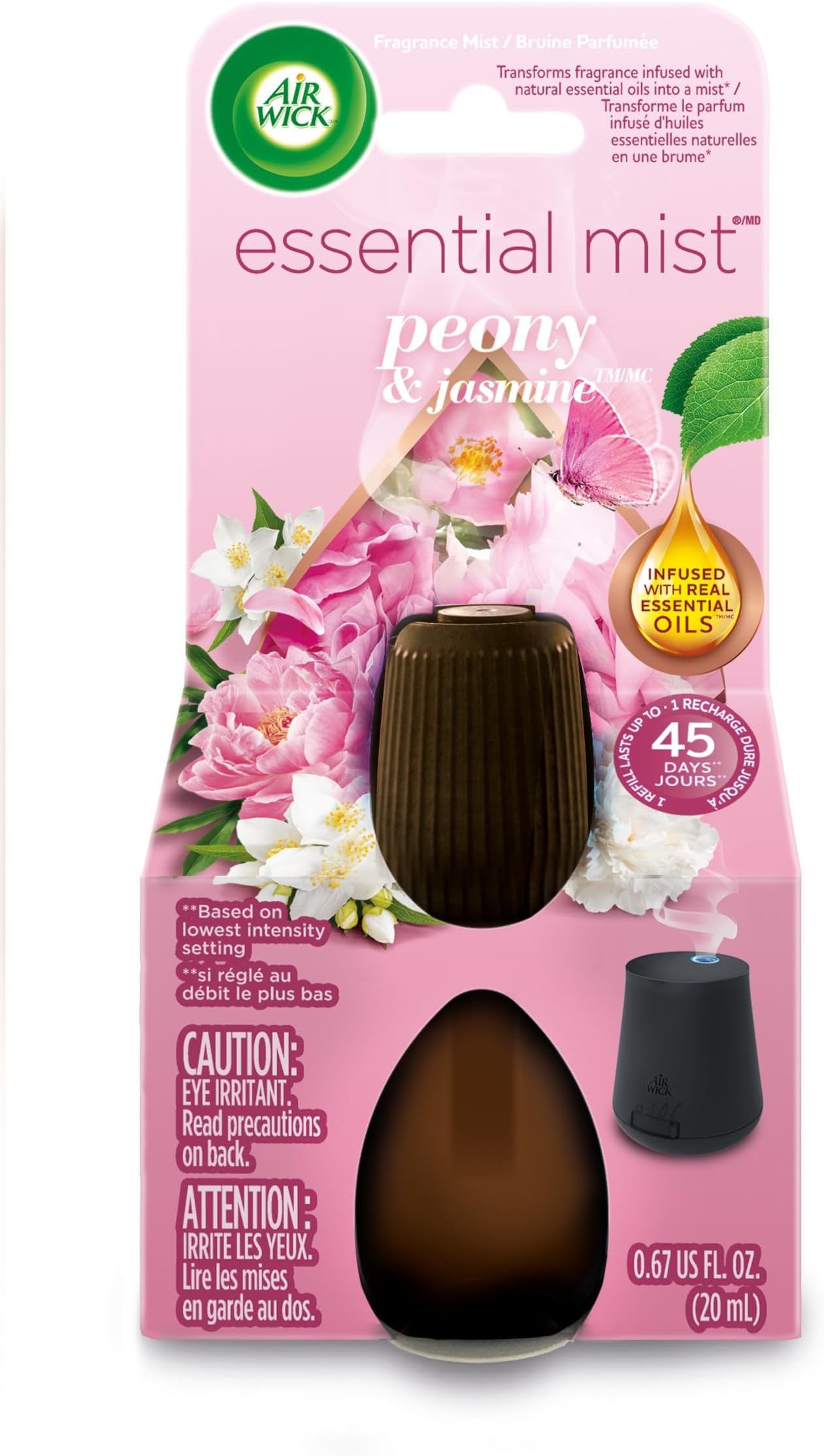 Essential Mist Refill, Peony and Jasmine, Pack 1 x 20ml, Natural Essential Oils, Last up to 45 days, Air freshener