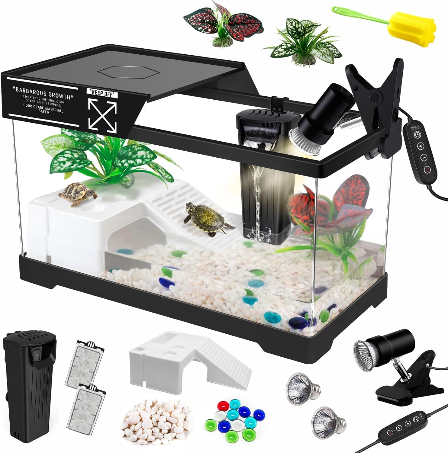Turtle Tank Kit(Tank+Lamp+Filter), Upgrade PC Turtle Tank Starter Kit with Adjustable Lamp & Filter, Reptile Habitat with Lid, Basking Platform for Small Reptiles.(15.75 × 7.9 × 9''/Black Kit) Medium-Black-KIT