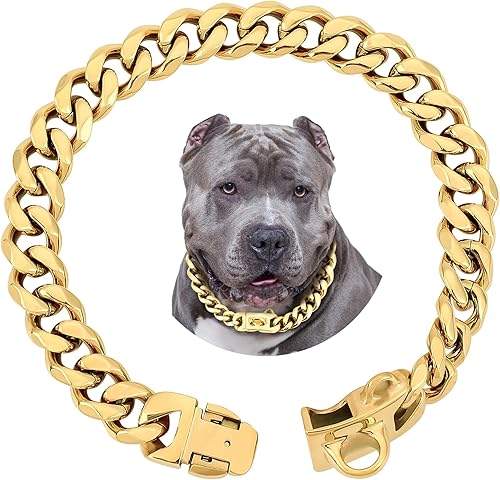 Collar de perro de acero inoxidable dorado de 0.59 pulgadas con cadena de eslabones cubanos resistente a prueba de mordidas, collar de entrenamiento