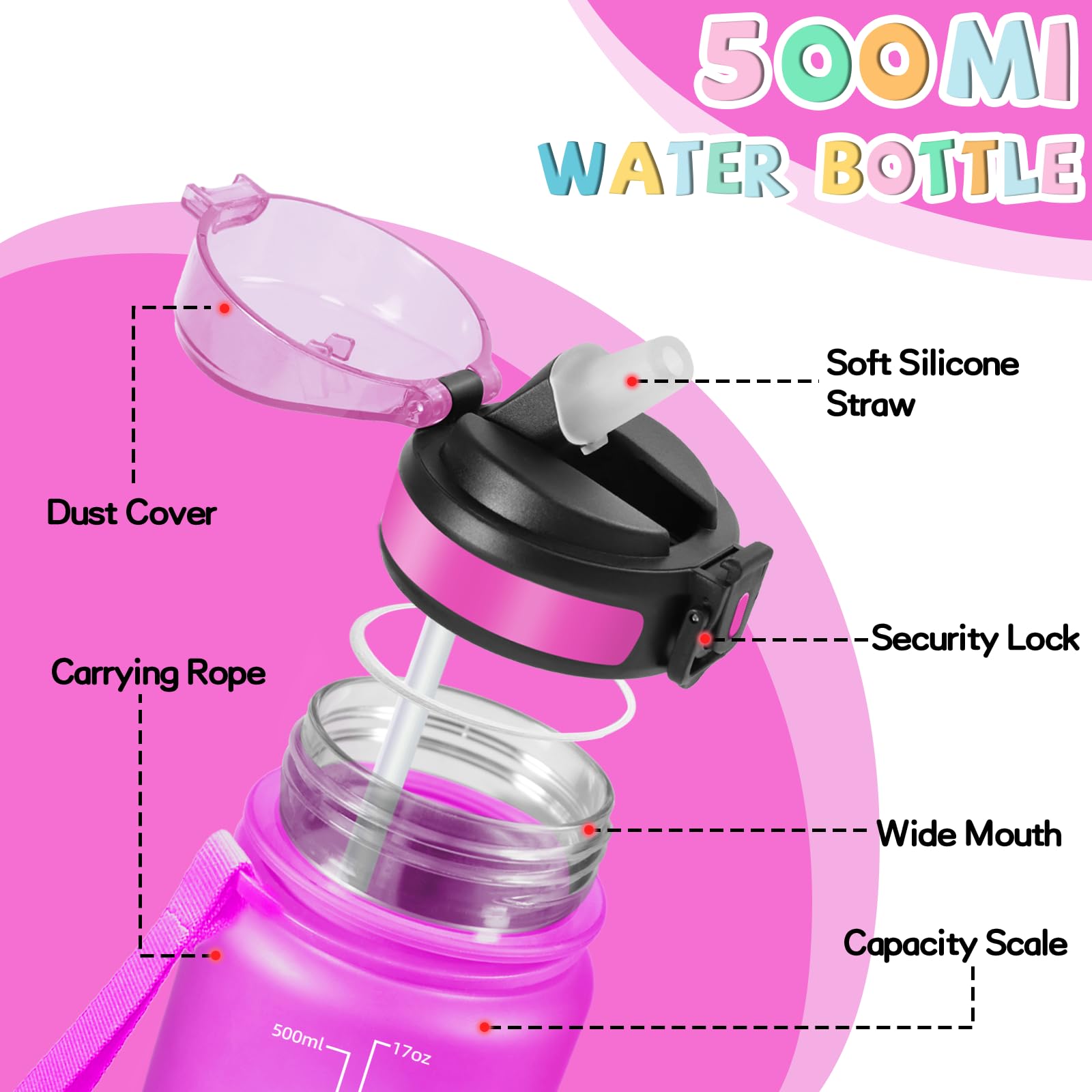 Borraccia, 500ml Borraccia Bambini, Borracce con Cannuccia, Senza Perdite, Water Bottle Motivazionale, Facile da Pulire, Bottiglia Acqua, Con Chiusura di Sicurezza, Borracce per Scuole, Corsa, Ufficio