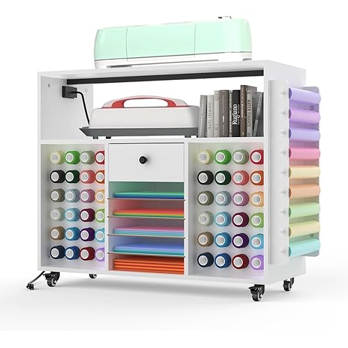 SEPTBOT Craft Organization & Storage Compatible with Cricut Machines, Rolling Organizer with Power Outlet, Large Drawer & Vinyl Roll Holder, Craft Cart Cabinet Table Workstation