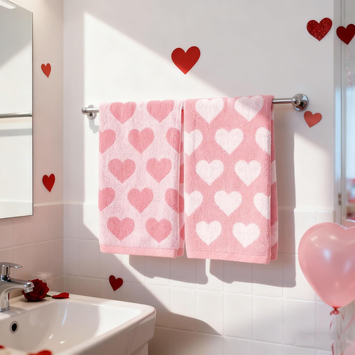 Valentine's Day Hand Towels Jacquard Cotton Bathroom Towel Pink White Heart Decorative Absorbent Bath Towel for Kitchen Dish Drying Cleaning Cooking, 29.5 x 13.4 Inch, 2Pcs - Image 5