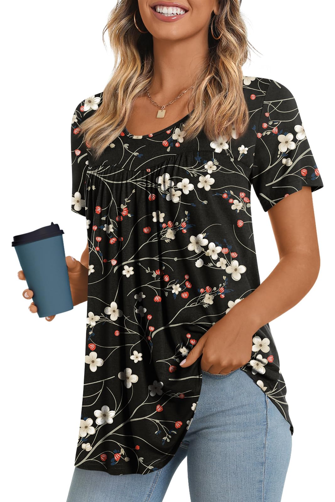 LONGYUAN Womens Tunic Tops 2026 Short Sleeve Shirts Summer Casual Tee Comfy Blouses S-4XL