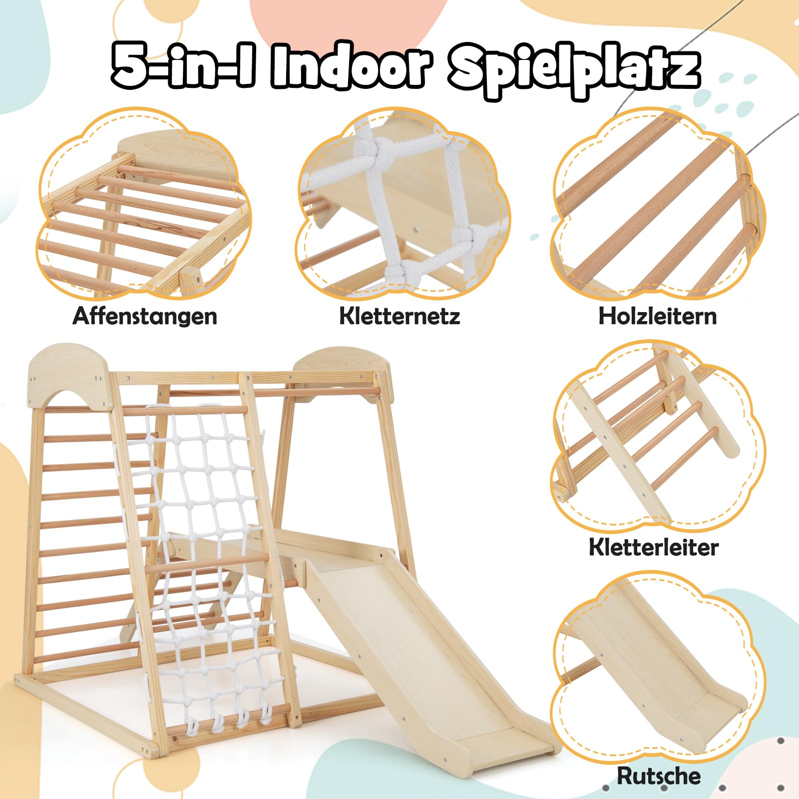 DREAMADE Klettergerüst Indoor Kletterspielzeug mit Rutsche Kletterleiter Kletternetz Affenstange, Spielturm Spielplatz Montessori Kletterdreieck aus massivem Kiefernholz für Kinder ab 1 Jahr (Natur)