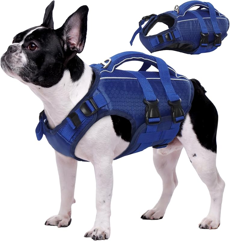 Colete salva-vidas para cães Kuoser com alta flutuação e faixas refletivas, Azul-marinho, XS