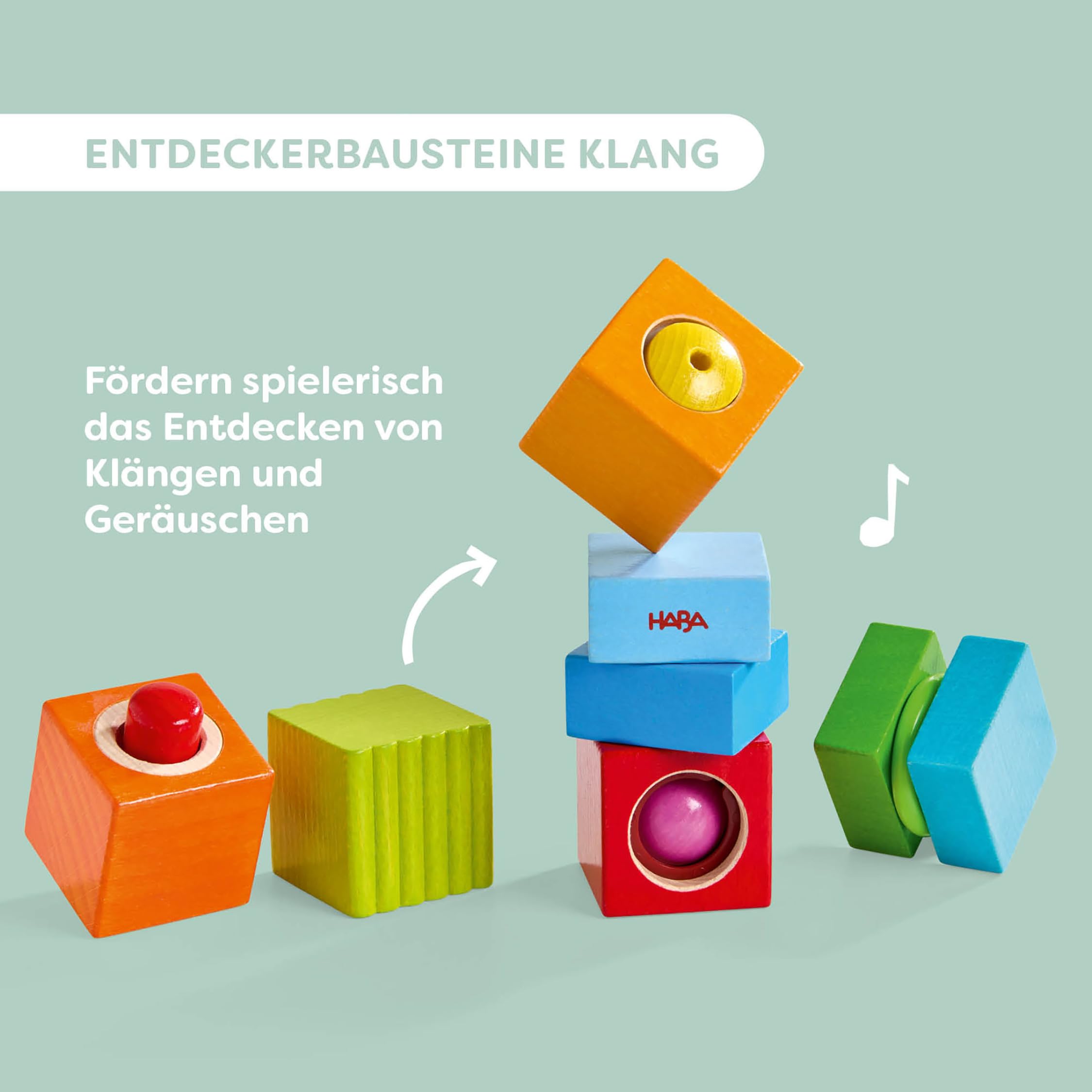 HABA Entdeckerbausteine Klangspaß – 6 Klangbausteine aus Holz für Baby & Kleinkind ab 1 Jahr, Musikspielzeug & Montessori Spielzeug zur Wahrnehmung ab 12M – 2014451001, Edition 2026