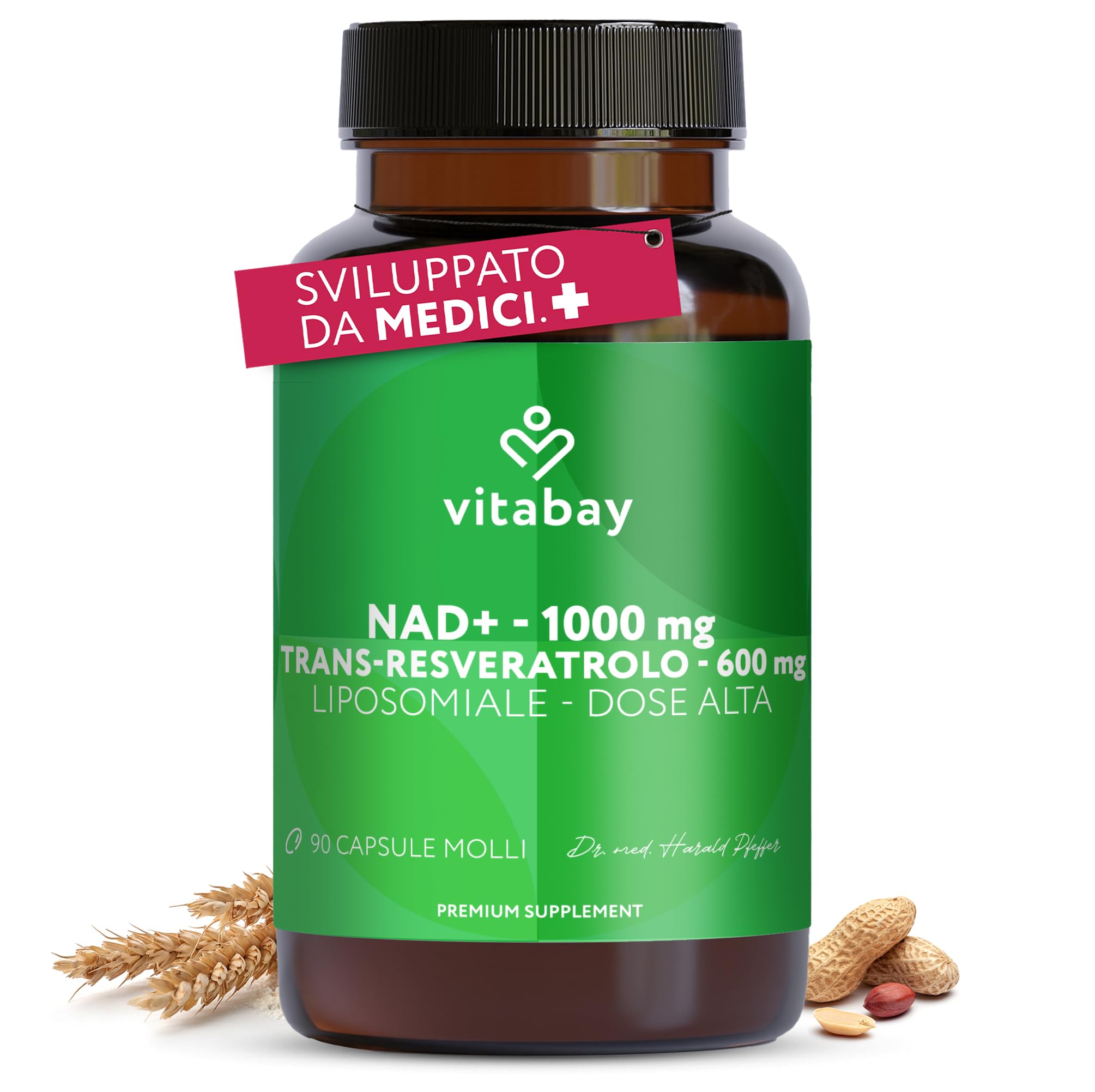Vitabay NAD+ liposomiale 1000 mg con trans-resveratrolo 600 mg - 90 softgel vegane - alto dosaggio, vegano, testato in laboratorio in Germania - integratore NAD - senza OGM - 45 giorni