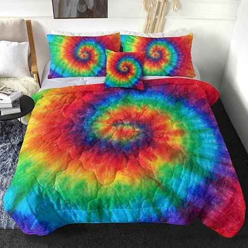 Sleepwish Rainbow Tie Dye Comforter Set Queen Colorful Boho Bedding Trippy Hippie Quilt Sets Decorative 4 Piece Bedding Comforter Sets with 2 Pillow Shams, 1 Cushion Cover, Queen Size
