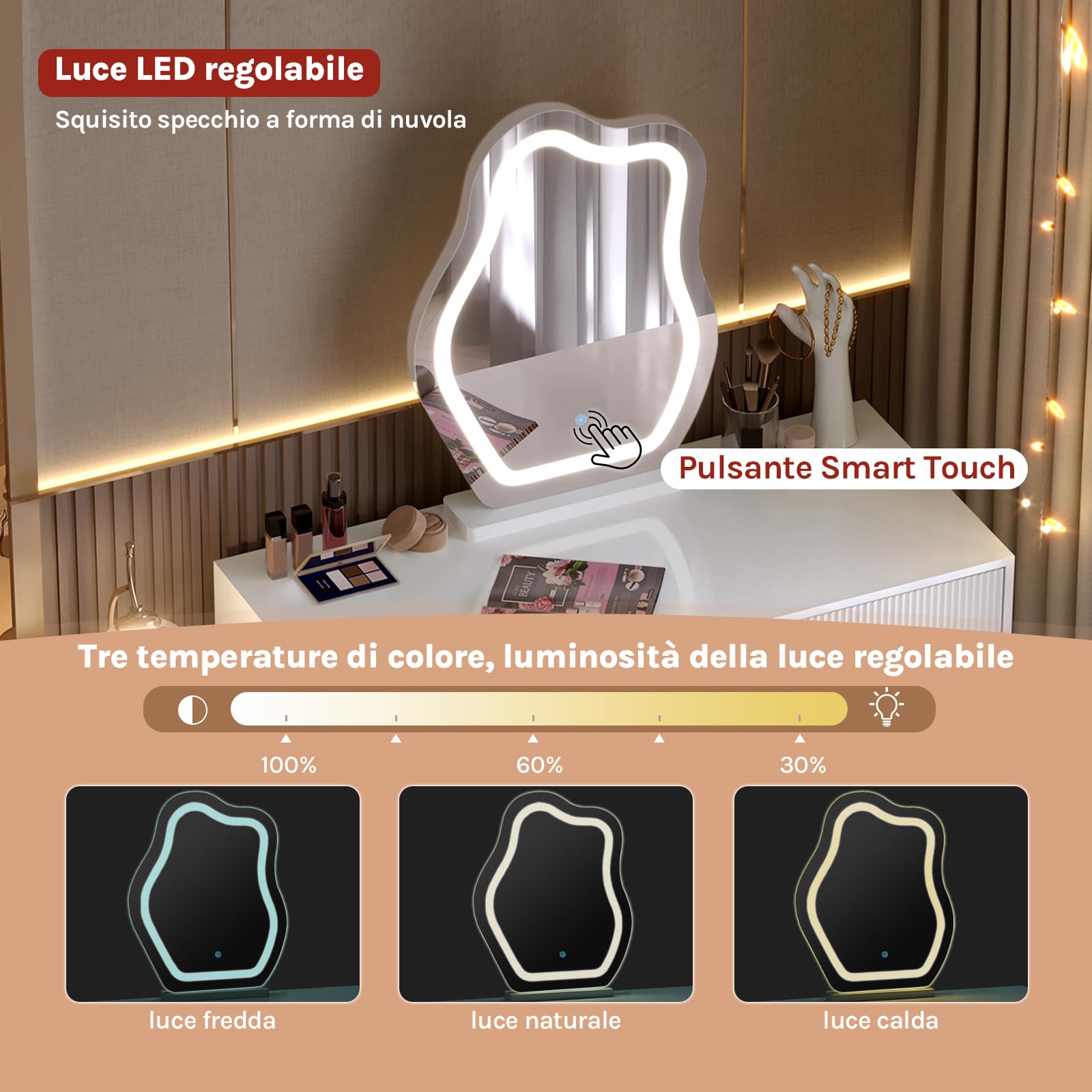 WOLTU Toeletta con Luce LED, Luminosità Regolabile, Specchio a Nuvola, Piano Lucido, 5 Cassetti in Legno Massiccio, 1 Cassettiera, Moderno, Bianco e Nero