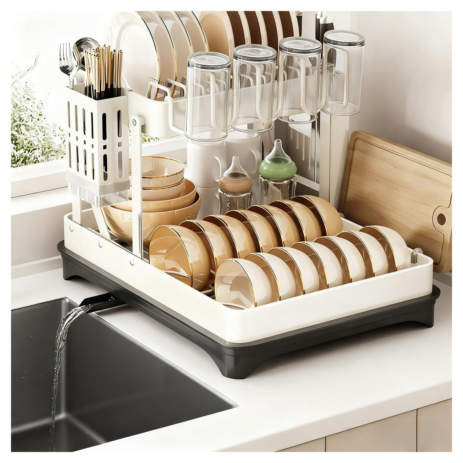 DFGHNBVC 2-Tier Stainless Steel Dish Drying Rack With Drainboard, Space-Saving Design For Kitchen Counter, Includes Utensil Holder Cup Storage, Stylish White Finish,White