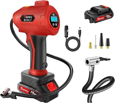 Tire Inflator Portable Air Compressor,Portable Tire Inflator for Car,Cordless Car Tire Pump,Rechargeable Battery Powered Air Compressor with 12V DC Adapter&Digital Pressure Gauge,Red