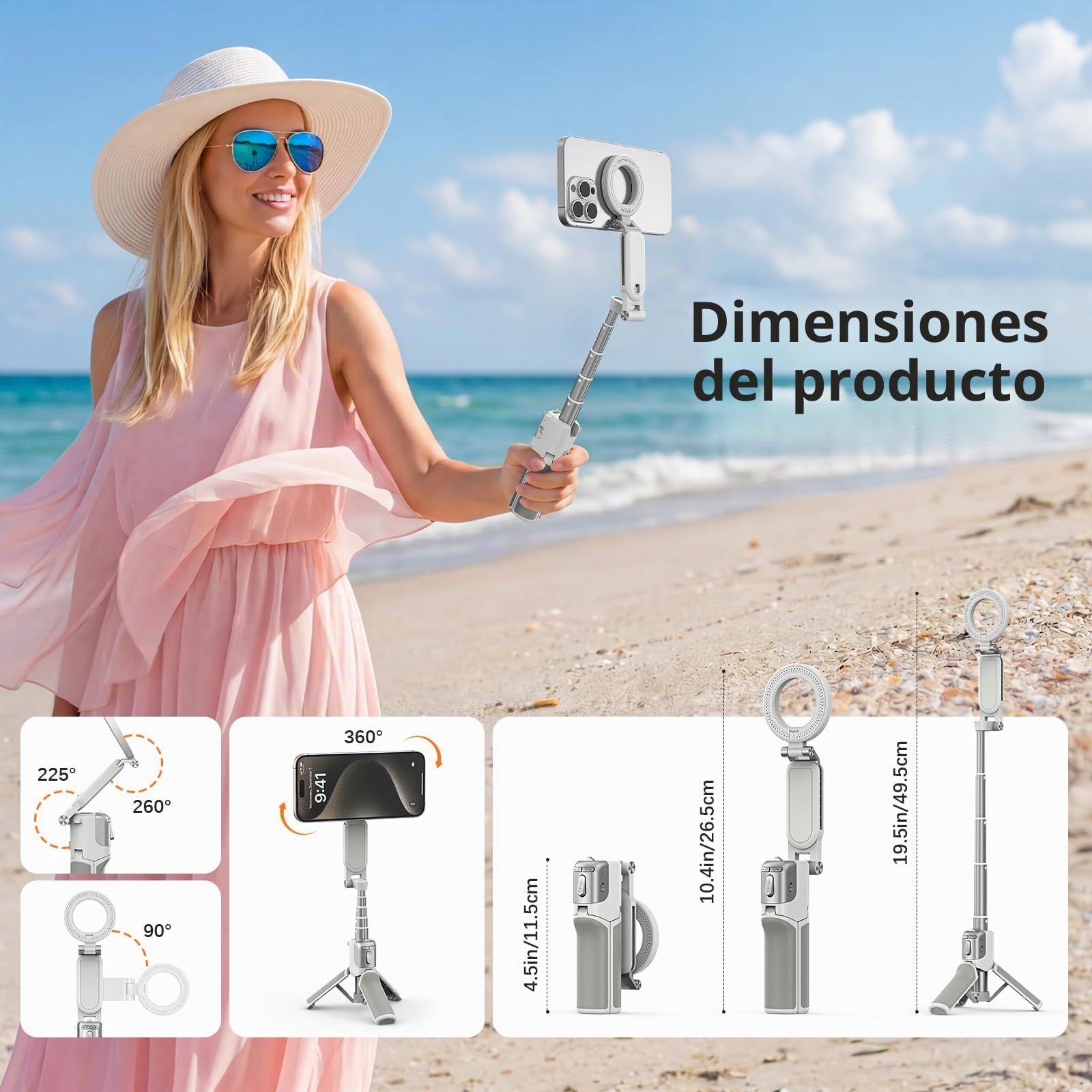 AMAZEAR Palo Selfie Tripode para Movil (4 en 1), Selfie Stick Negro