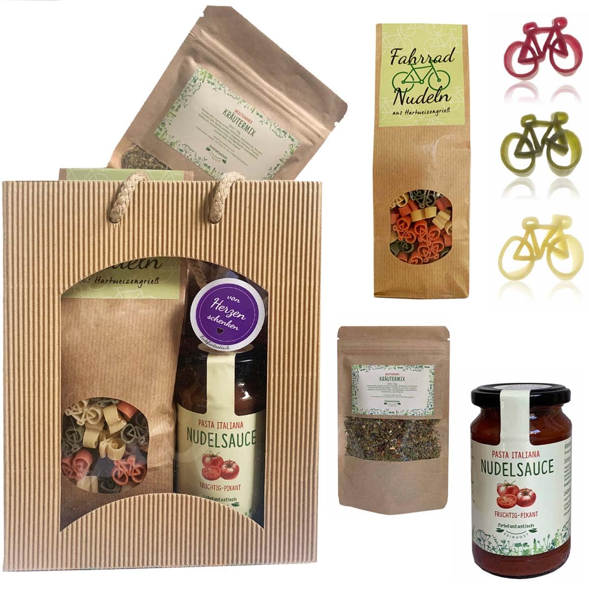 Feinkost Geschenk-Set Fahrrad – Nudeln in Fahrradform 225g, Pasta Sauce 200ml, Mediterrane Gewürze 35g & Fahrrad-Schlüsselanhänger – Originelles Geschenk für Radfahrer in Tragetasche