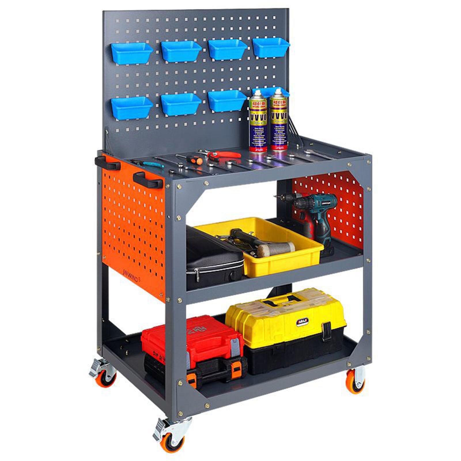 Carrello portautensili da officina in metallo con maniglia posteriore e ruote, armadietto a 3 strati (68 x 35 x 75 cm)