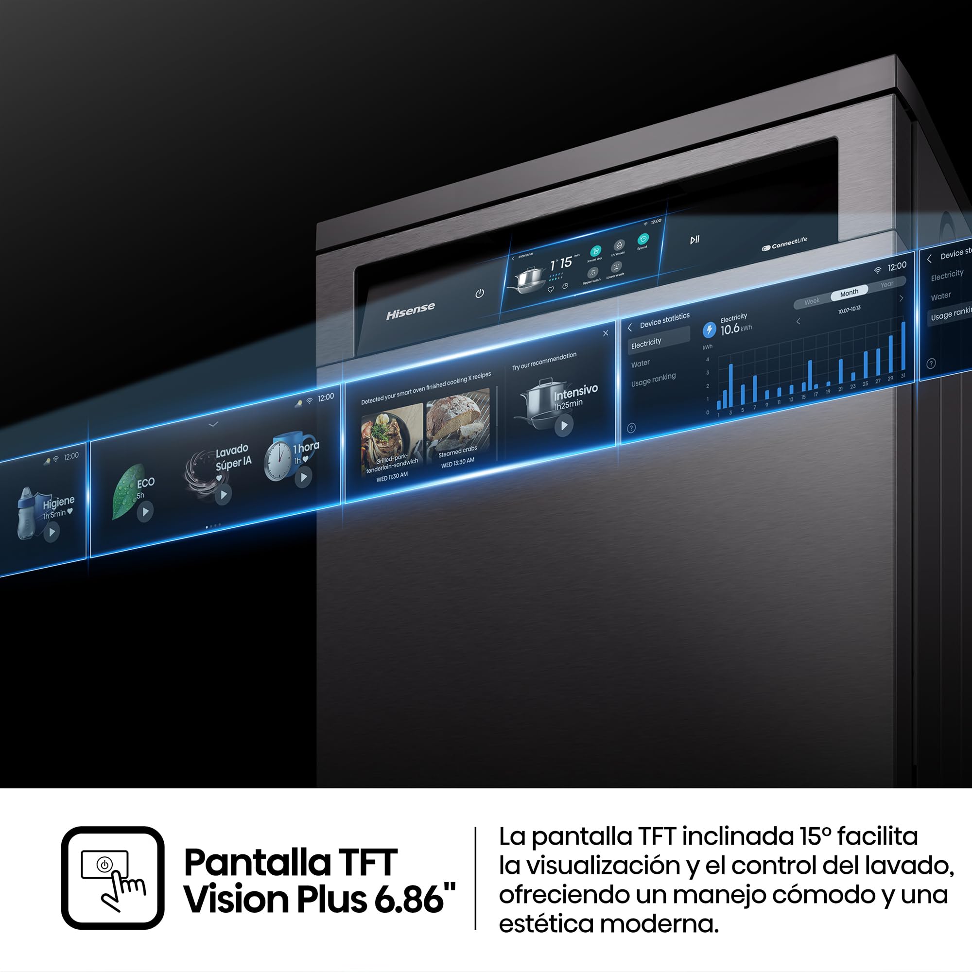 Hisense HS693A90ADBX - Lavavajillas Clase A, 16 Servicios, Fondo 60cm, Pantalla TFT Vision Plus 6.86", Super Wash IA, Programa ECO IA, Secado All Dry, Media Carga Auto, Tercera Bandeja, Inox