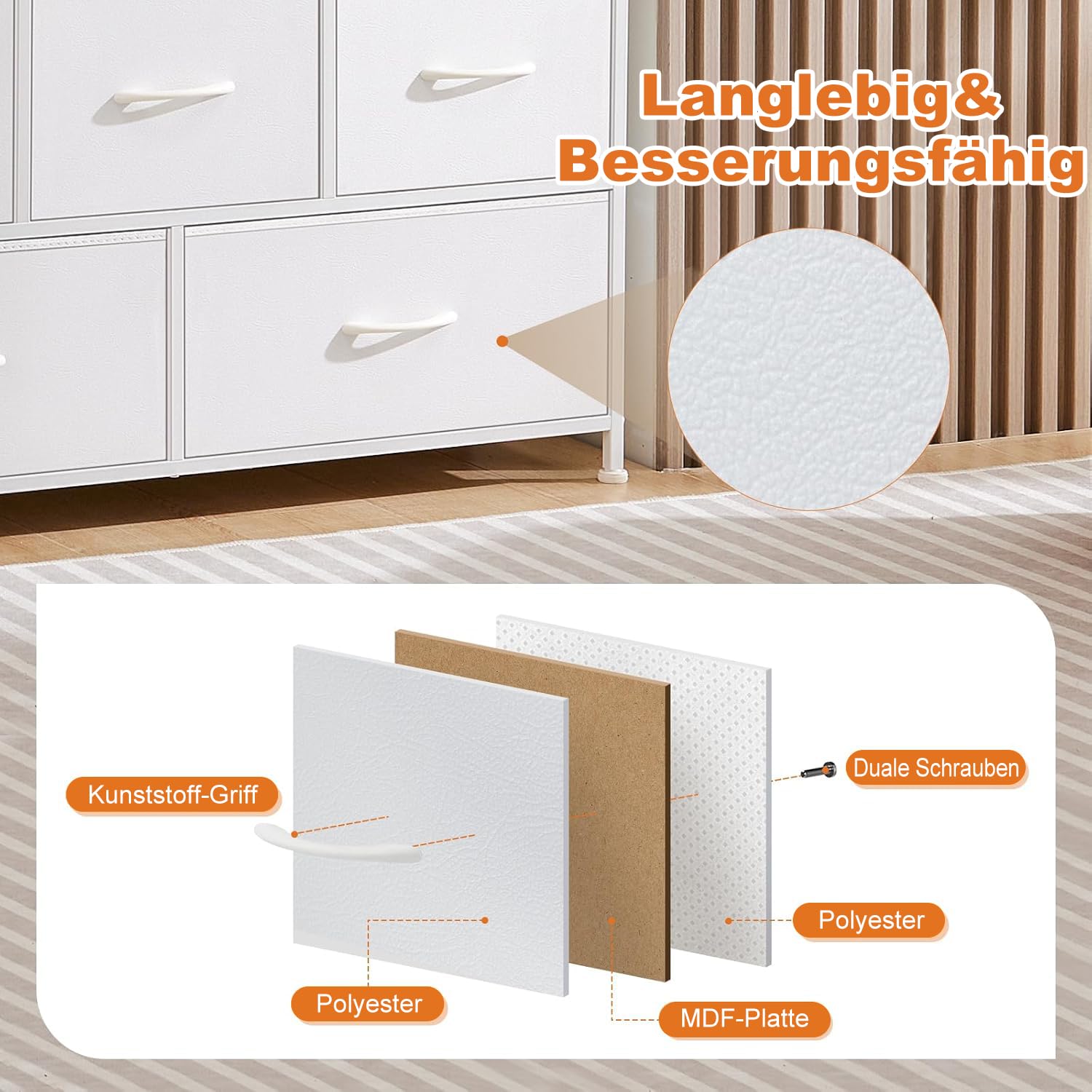 DUMOS Cómoda con cajones, cómoda y aparador para Dormitorio, Armario de 5 cajones, cómoda de Tela con Marco de Acero, Armario pequeño, Ideal para Pasillo, salón (Blanco)