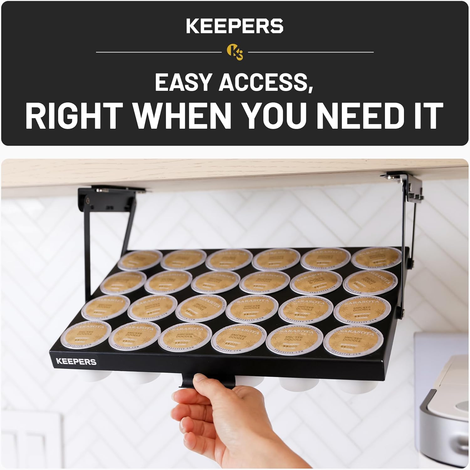 KEEPERS Under Cabinet K Cup Holder with Swing-Down Access – Space-Saving Coffee Pod Holder and K Cup Organizer for 24 Pods – Steel Coffee Pod Organizer with Easy DIY Installation