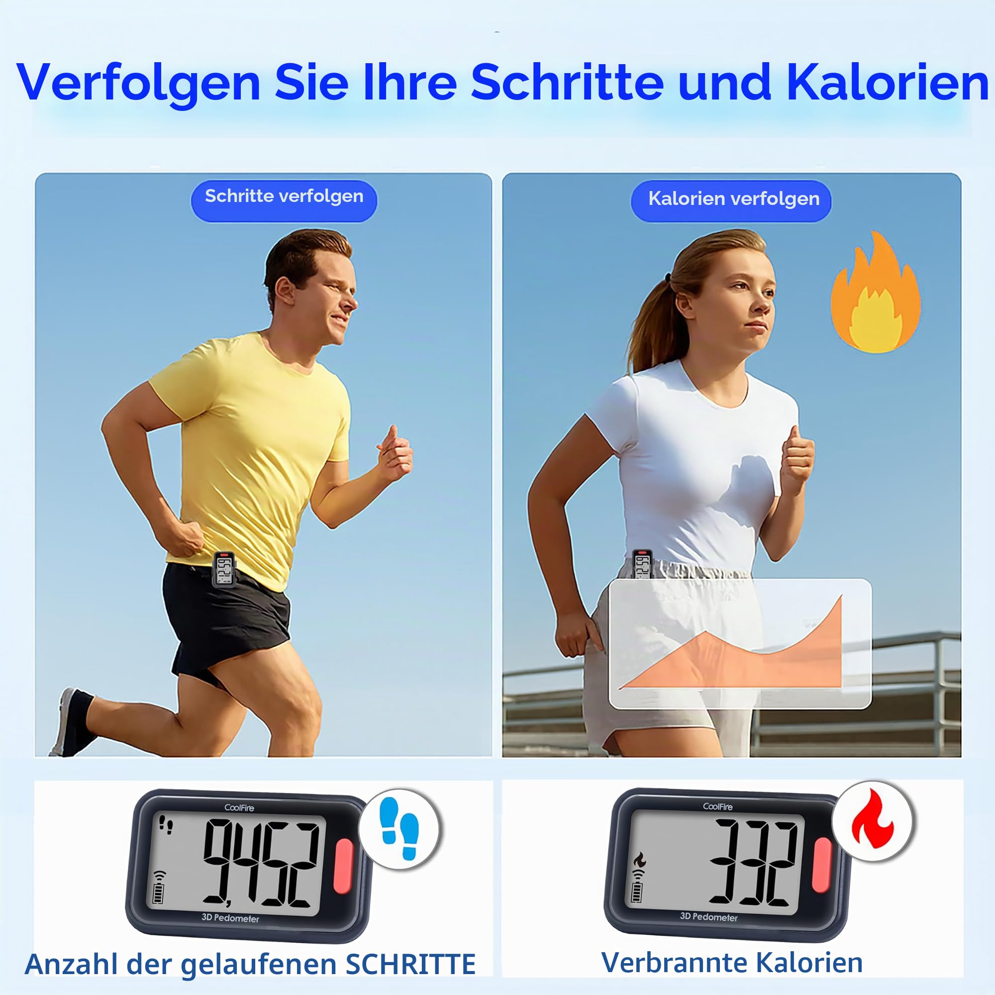 CoolFire - Clip-On 3D Schrittzähler Schrittzähler für Schritte, Meilen & Kalorien | Funktioniert allein oder mit optionaler App | Genauer Indoor- & Outdoor-Fitness-Tracker für Männer, Frauen, Senioren