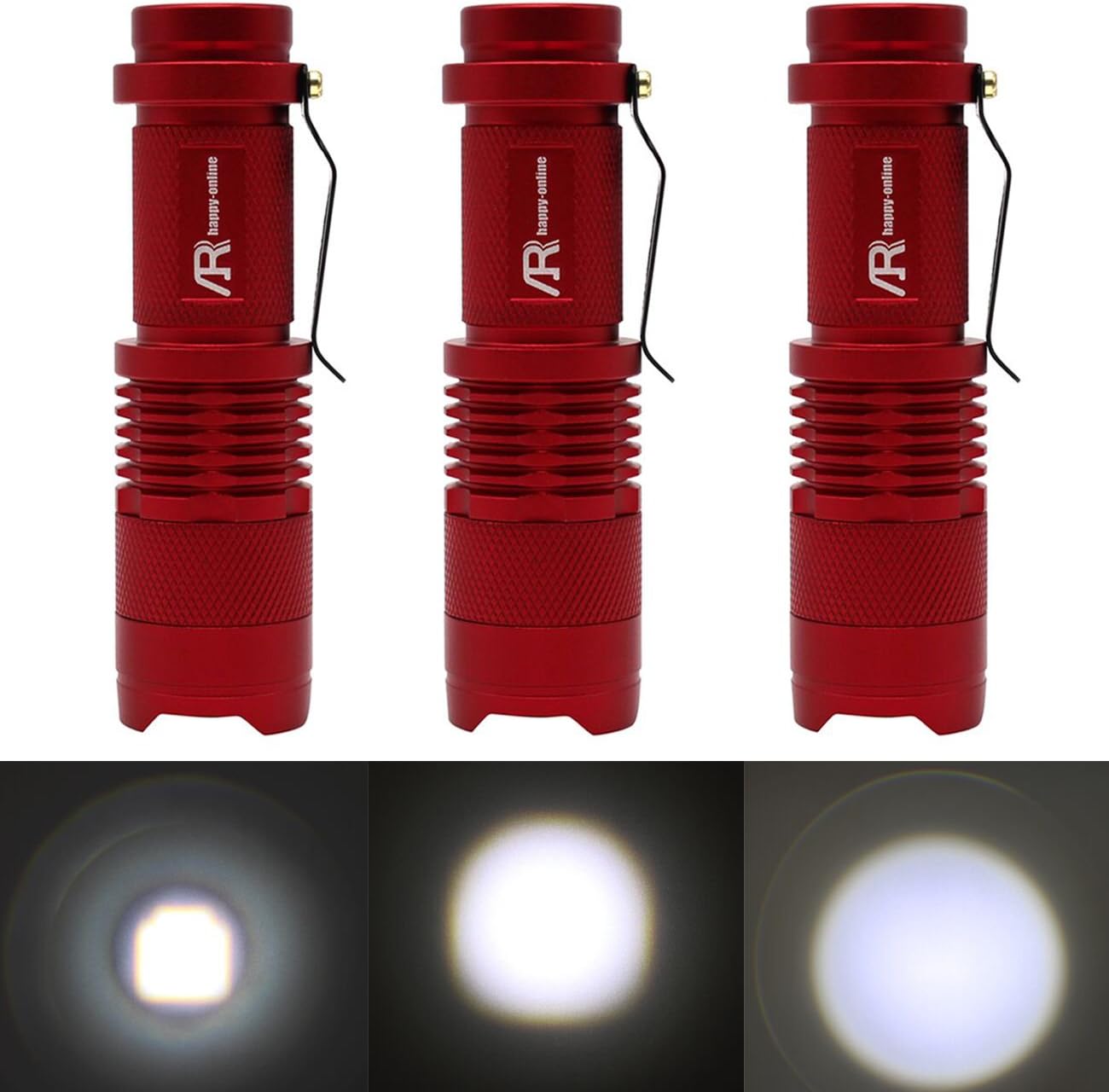 AR happy online 3 Pack SK-68 Handheld 3 Modes Mini Q5 LED Flashlight Torch Tactical Flashlight with Clip 7w 350lm Adjustable Focus Zoomable Light White Light (Red Shell)