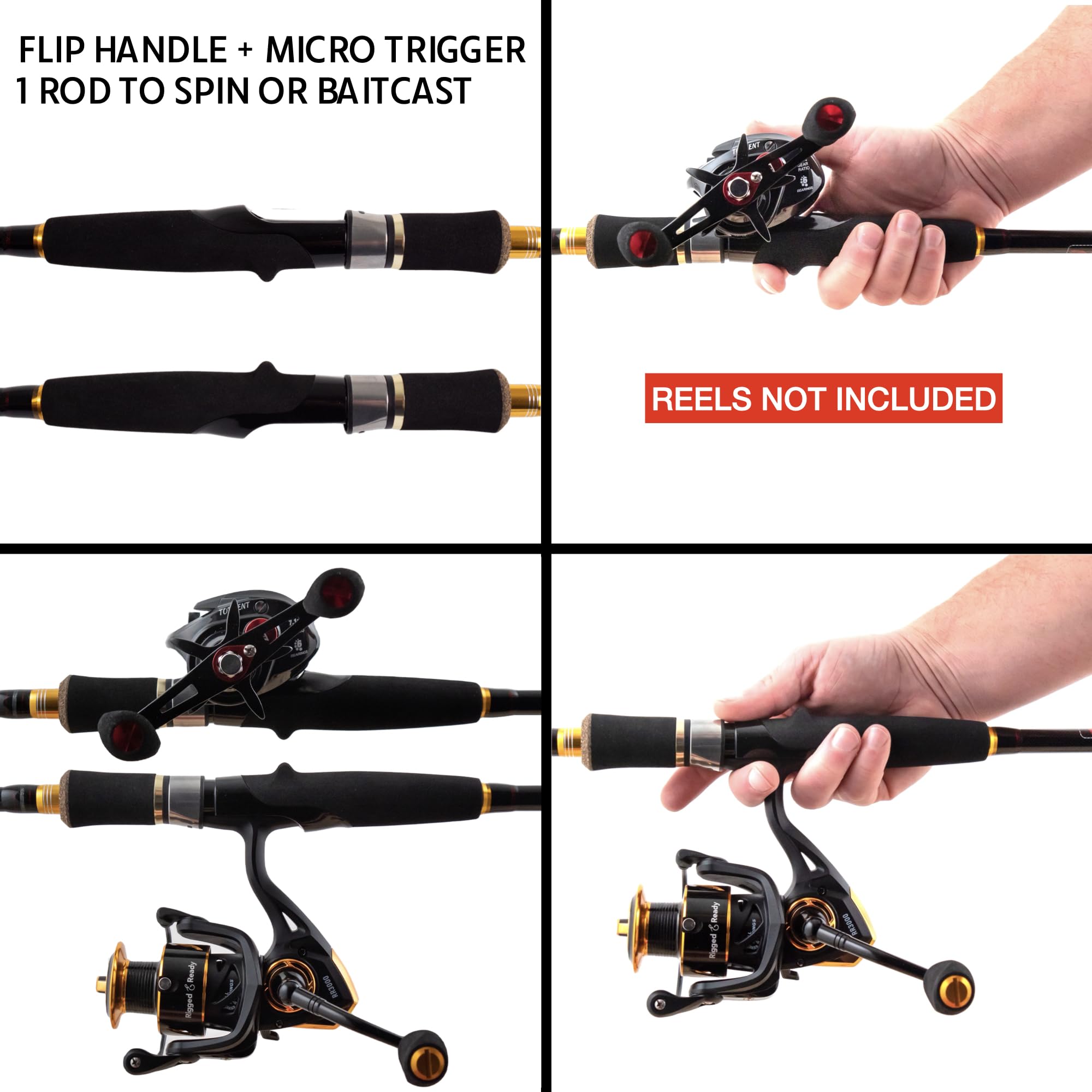 Rigged and Ready Predator Series Spin & Baitcast Travel Fishing Rods. Unique Spin Cast Micro Trigger. Compact Hi-Carbon Rods. 4 Rod Sections, 2 Tips, + case. Mobile Lure Rod Anglers. Fresh & Saltwater