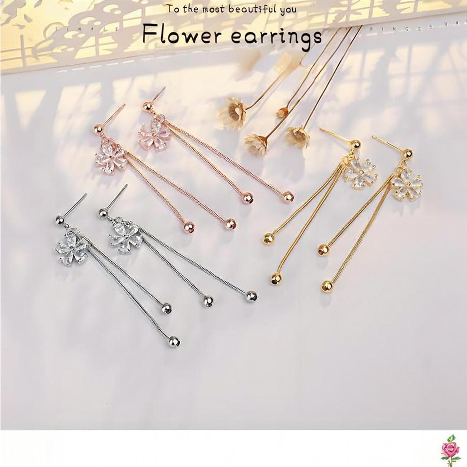Gold Flower Earrings for Women Trendy Cubic Zirconia Flower Dangle Earrings 925 Sterling Silver Post Long Tassel Earring Jewelry - Image 5
