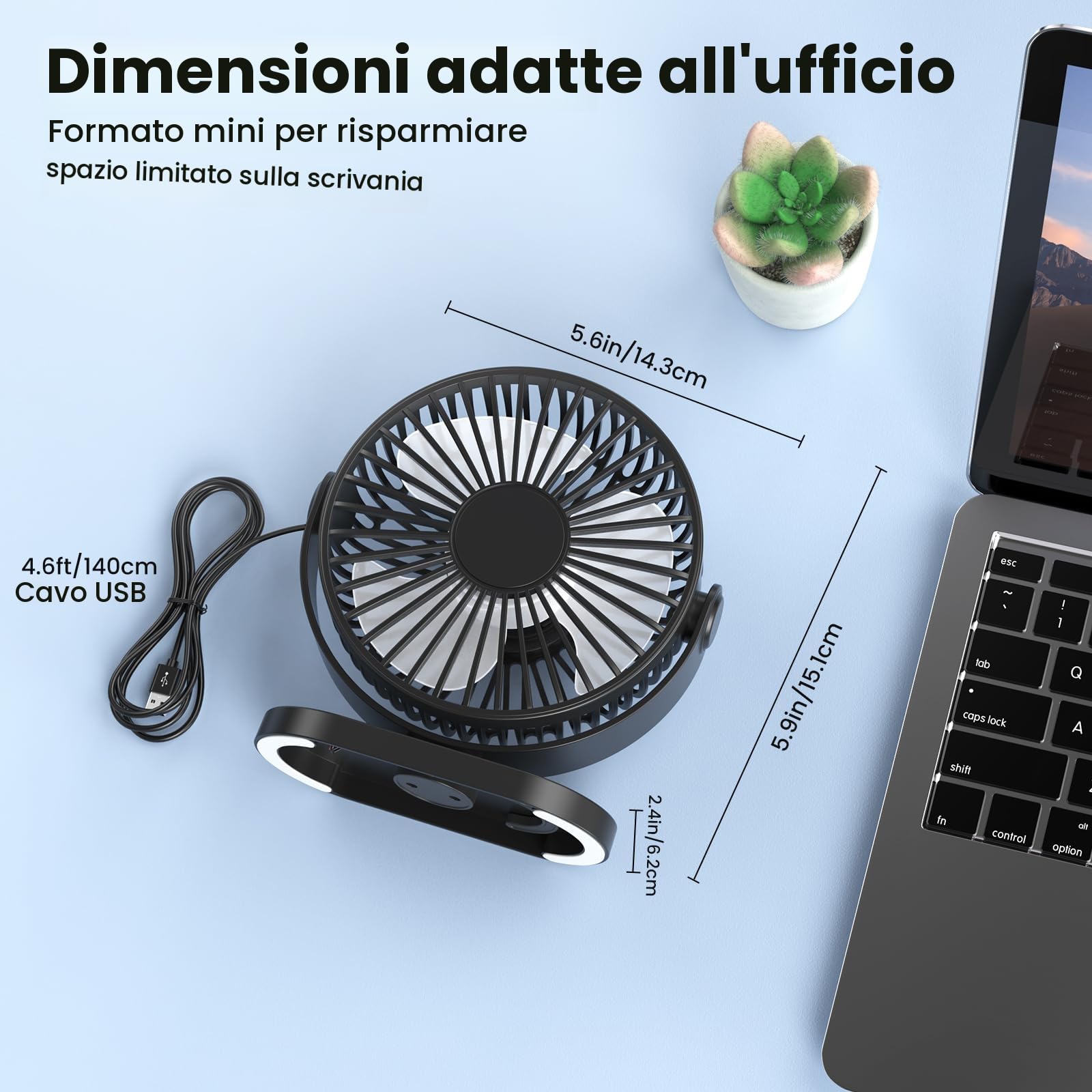 Ventilatore da Tavolo, 3 Velocità Ventilatore da Scrivania USB A con Gancio, 2.5W 360°Girevole Ventilatore Silenzioso, Mini Ventilatore Portatile per Ufficio, Cucina, Casa, Comodino, PC, Scrivania