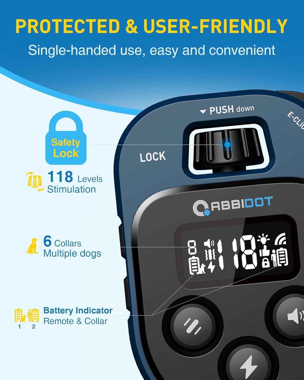 ABBIDOT Shock Collar for Dogs, 4500FT Dog Training Collar with Remote，IPX7 Waterproof Rating，6 Training Modes (Beep, Vibration, Safe Shock), Enhanced Night Light, Rechargeable E-Collar （10-130 lbs）
