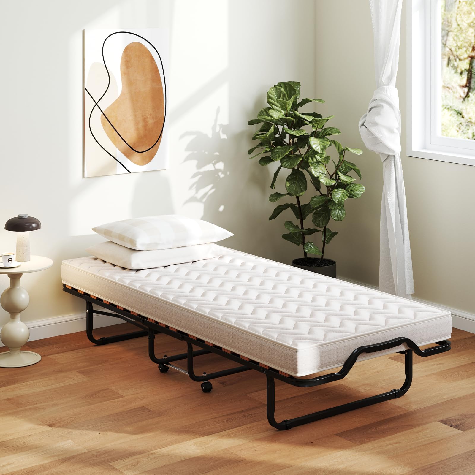 COSTWAY Brandina Pieghevole con Materasso, Struttura Metallica, Materasso in Memory Foam, Trapuntatura a Onda con Imbottitura a Doppia Fibra, 200x90x41 cm, Made in Italy (Stile 2 Beige)