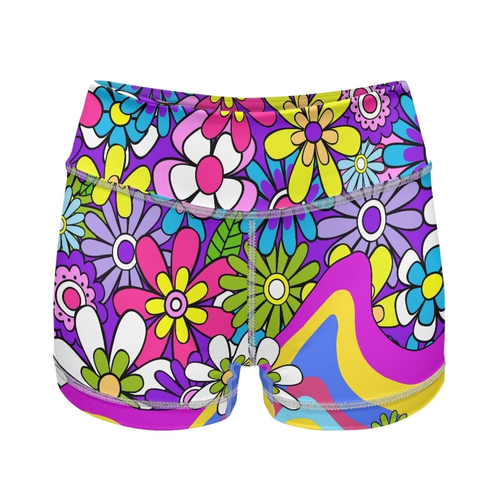 Sprowallow Purple Hippie Flower Womens Workout Shorts with Pocket High Waisted Athletic Shorts Yoga Running Gym Short Pants