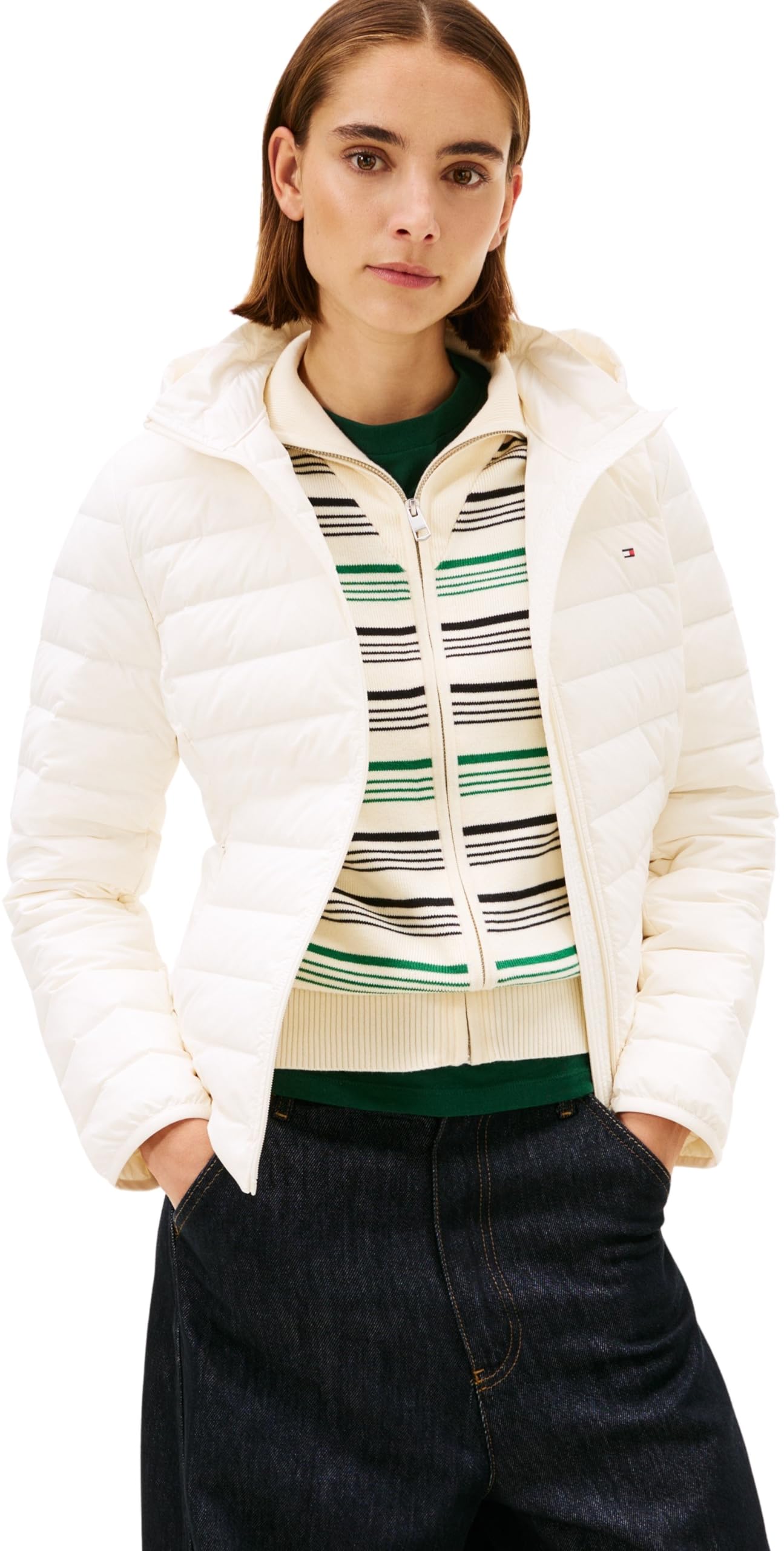 Tommy Hilfiger Women's STRETCH NYLON LW DOWN JACKET WW0WW47753 Puffer Jacket, WHITE (Ivory Silk), XS