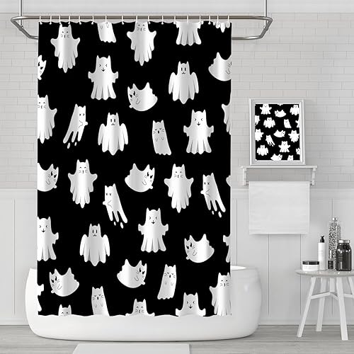 Miniatura 2 de Bonita cortina de ducha de Halloween con 12 ganchos, impermeable, espeluznante, fantasma, gato, cortina de baño, decoración de cortina de baño,