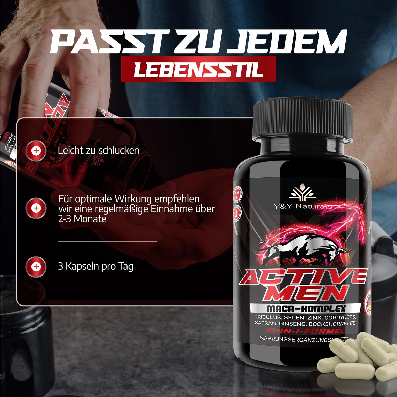 Männer Testosteron¹ Kapseln – 10-in-1 Komplex mit Maca 20:1, Tribulus, Bockshornklee, Zink, Selen & Safran | Active Men | Vegan, Laborgeprüft, Made in Germany | Alternative zu Ashwagandha