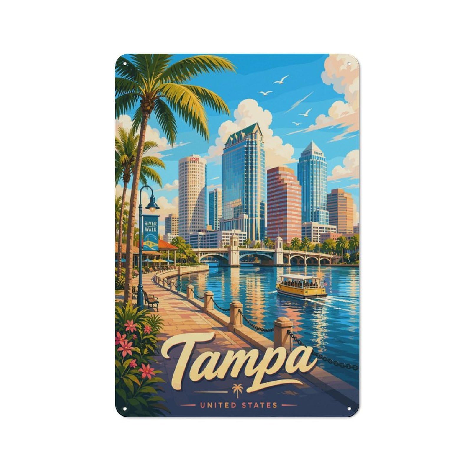 For Living Room Or Hallway, Tampa Riverwalk Skyline Retro Metal Plaque 30x20cm, for A Newly Furnished Living Room And Hallway