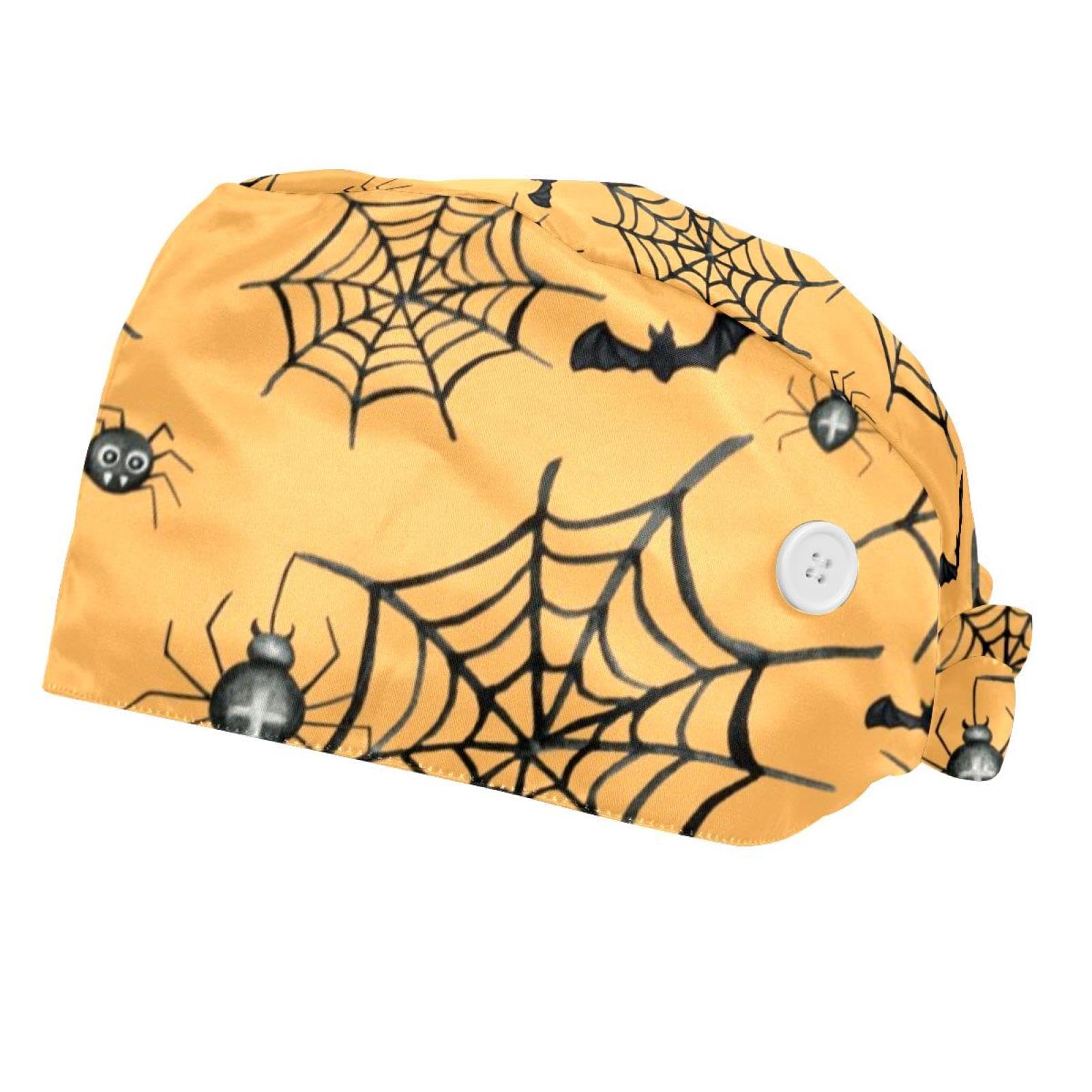 Halloween Cobwebs Yellow 2 Pcs Unisex Working Cap with Button Bouffant Turban Cap Adjustable Hats Bouffant Hair Cover