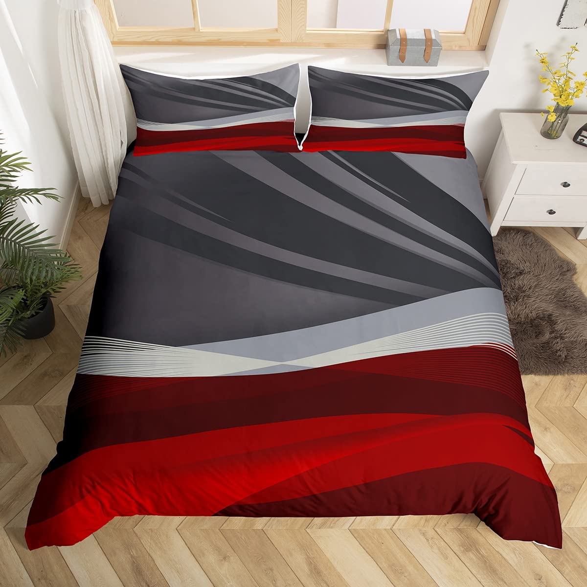 Loussiesd Moderne Abstracte Beddengoed Dekbedovertrek Set Kids Rood en Grijs Zwart Geometrische Beddengoed Set Vrouwen Mannen Streep Lijn Decor Dekbed Cover Set Microfiber Sprei Cover Slaapkamer