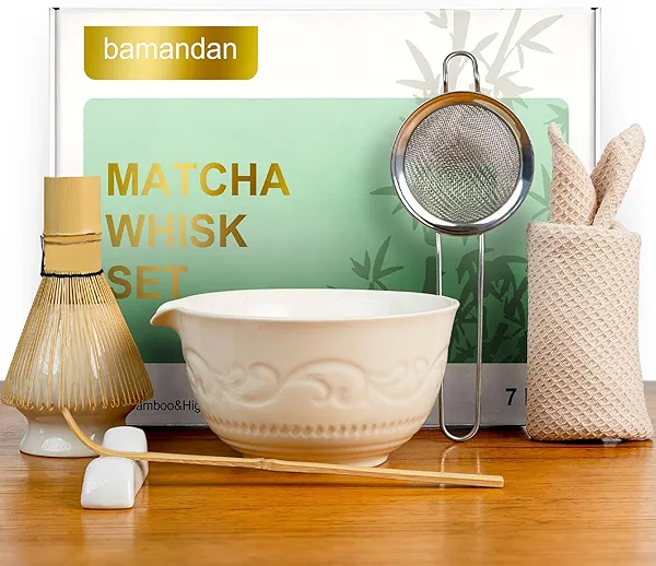 bamandan Matcha Whisk Set, Ceramic Matcha Set Kit, 7 Pcs Includes Bowl, Whisk and Holder, Bamboo Scoop, Scoop Rest, Strainer and Tea Towel （Freedom White）