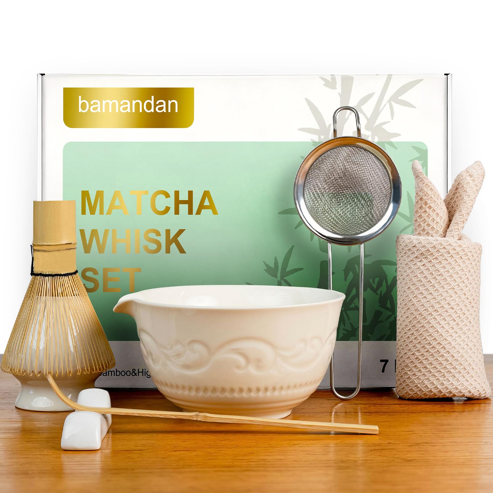 Matcha-Schneebesen-Set, Keramik-Matcha-Teeset mit Schüssel, Schneebesen und Halter, Bambusschaufel, Schaufelablage, Sieb und Geschirrtuch, 7-teiliges Set für Zeremonie (weiß)