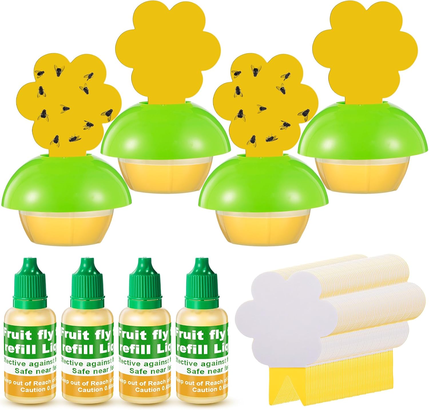 Qualirey Fruit Fly Trap for Indoors, 4 Pack Fruit Fly Trap with 4 Refill Liquid and 60 Yellow Sticky Pads, Safe Near Pets, Food and Kids, Fruit Flies Lure Liquid Trap for Home Kitchen Green