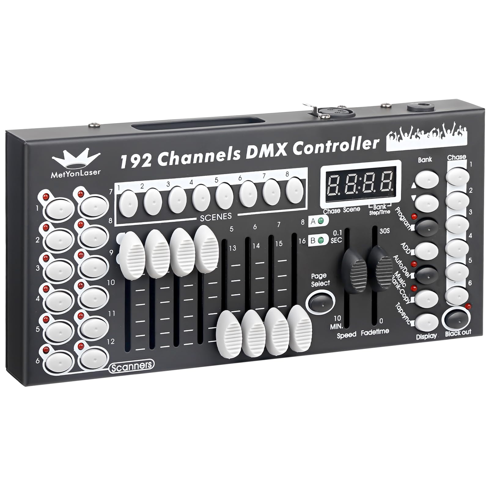 DMX-controller, DMX512 192 kanalen, DMX-lichtcontroller, 16-kanaals dimming, 4-cijferige Nixie-buis, 8 schuifregelaars voor handmatig bedieningspaneel voor Disco KTV DJ-console van Stage Light Concert