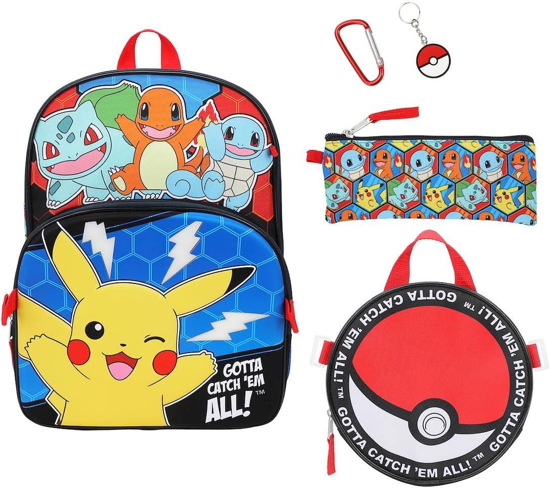 Bioworld Pokemon Poke Balls & Character Print 5-Piece 16" Backpack Set for Boys