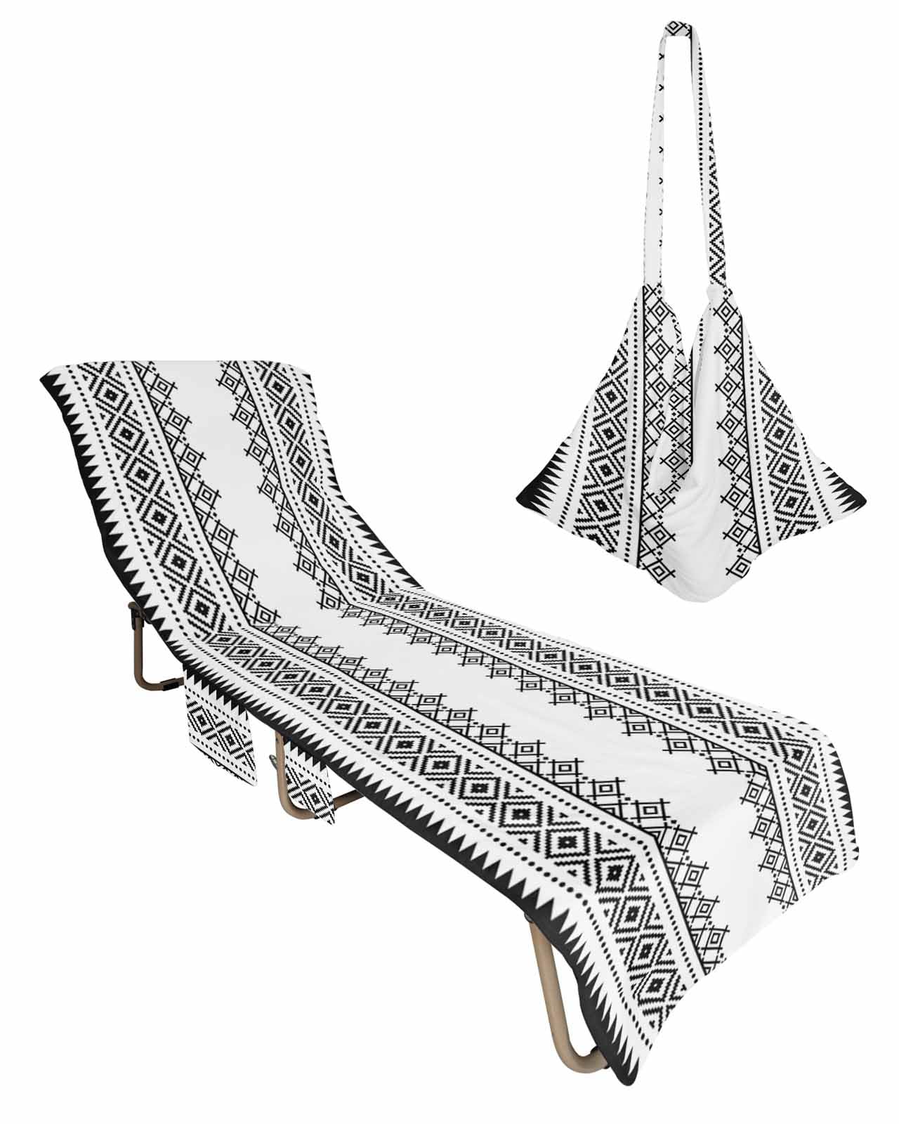 Black White Beach Lounge Chair Towel Cover, Soft Chaise Lounge Towel with Side Pockets Patio Pool Chairs Cover for Beach/Pool Sunbathing 29x85 Boho Geometric Tribal Stripes Minimalist Bohemia