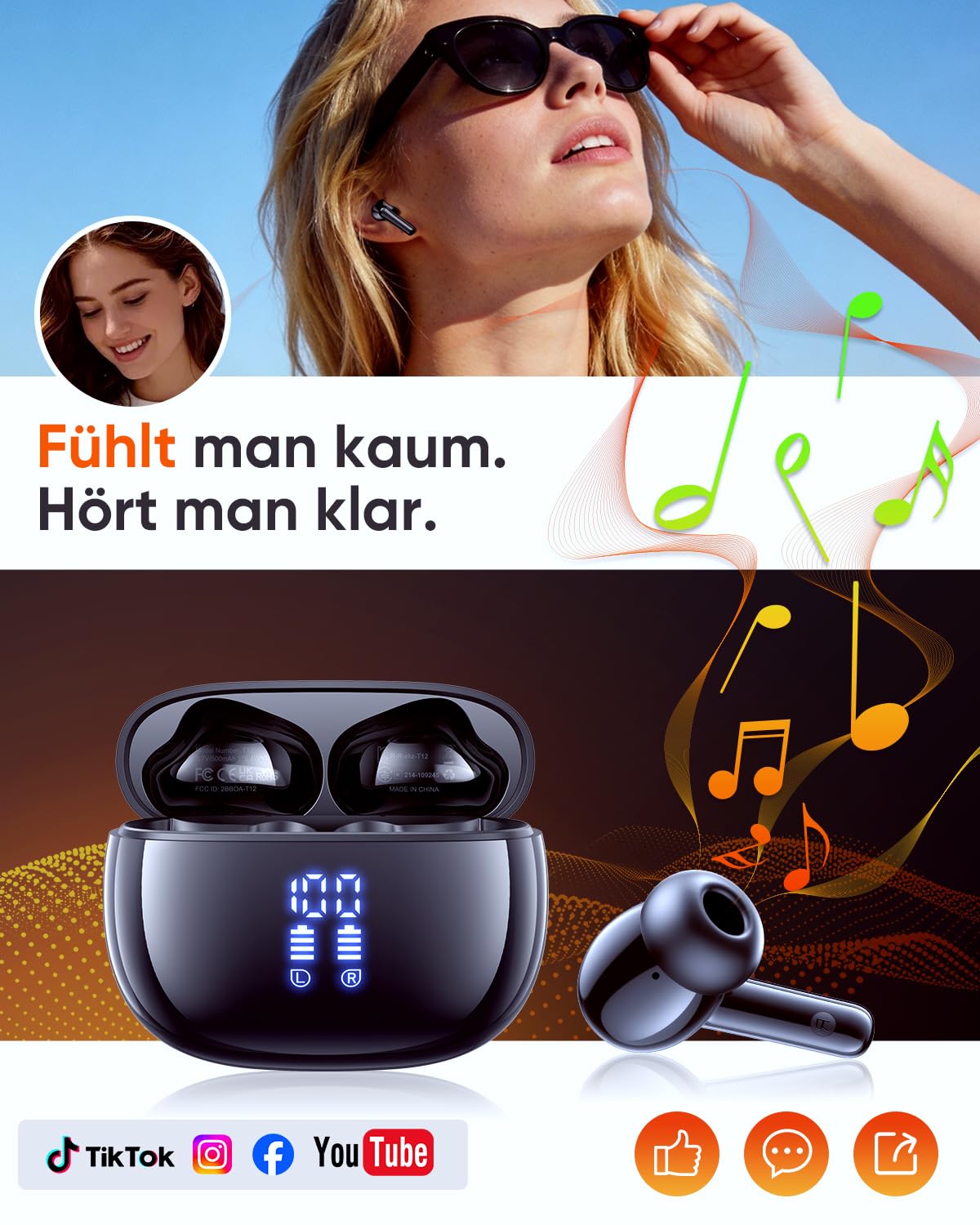 ZIUTY Bluetooth 5.3 Kopfhörer Kabellos, In Ear Bluetooth Kopfhörer mit 4 ENC Mikrofonen, 48 Std Spielzeit, LED Anzeige, HiFi Stereo Sound, IPX7 wasserdichte Sport Kopfhörer – Schwarz