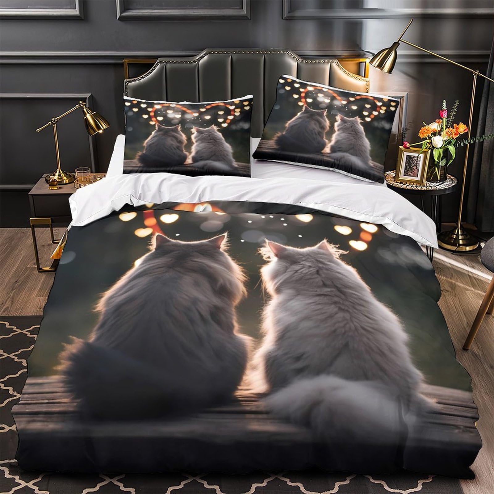 Parure de lit chats amoureux hypoallergénique avec housse de couette douce zippée 200x200