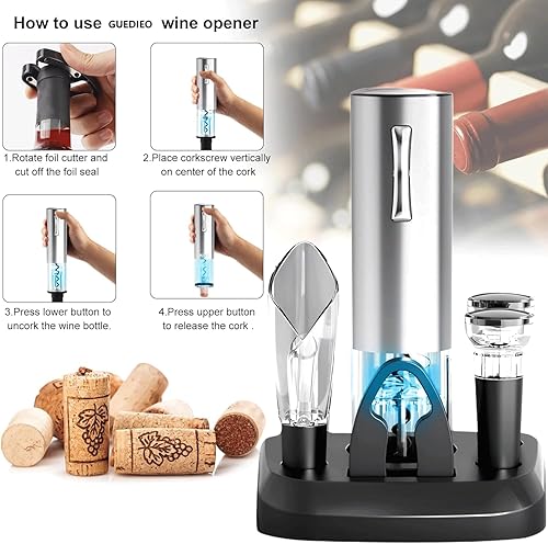 Miniatura 3 de Juego de abridor de vino eléctrico con base de carga, abridor automático de botellas de vino con cortador de aluminio, 2 tapones de vacío, vertedor