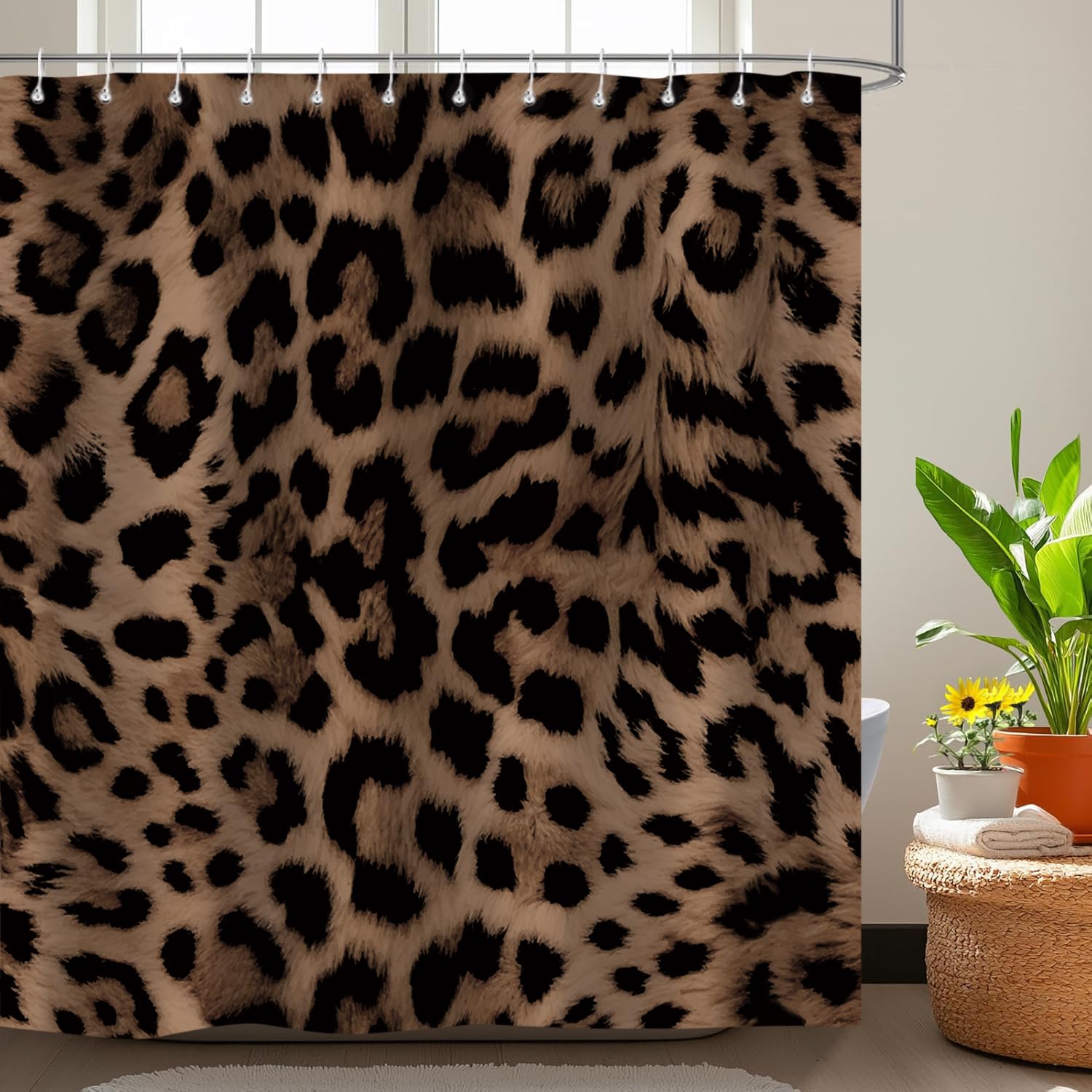 Emwnodti Sexy Leopard Print Shower Curtain，Wild Animal Cheetah Print Brown Black Fur Bathroom Accessory Set，Polyester Fabric Waterproof Bath Curtain