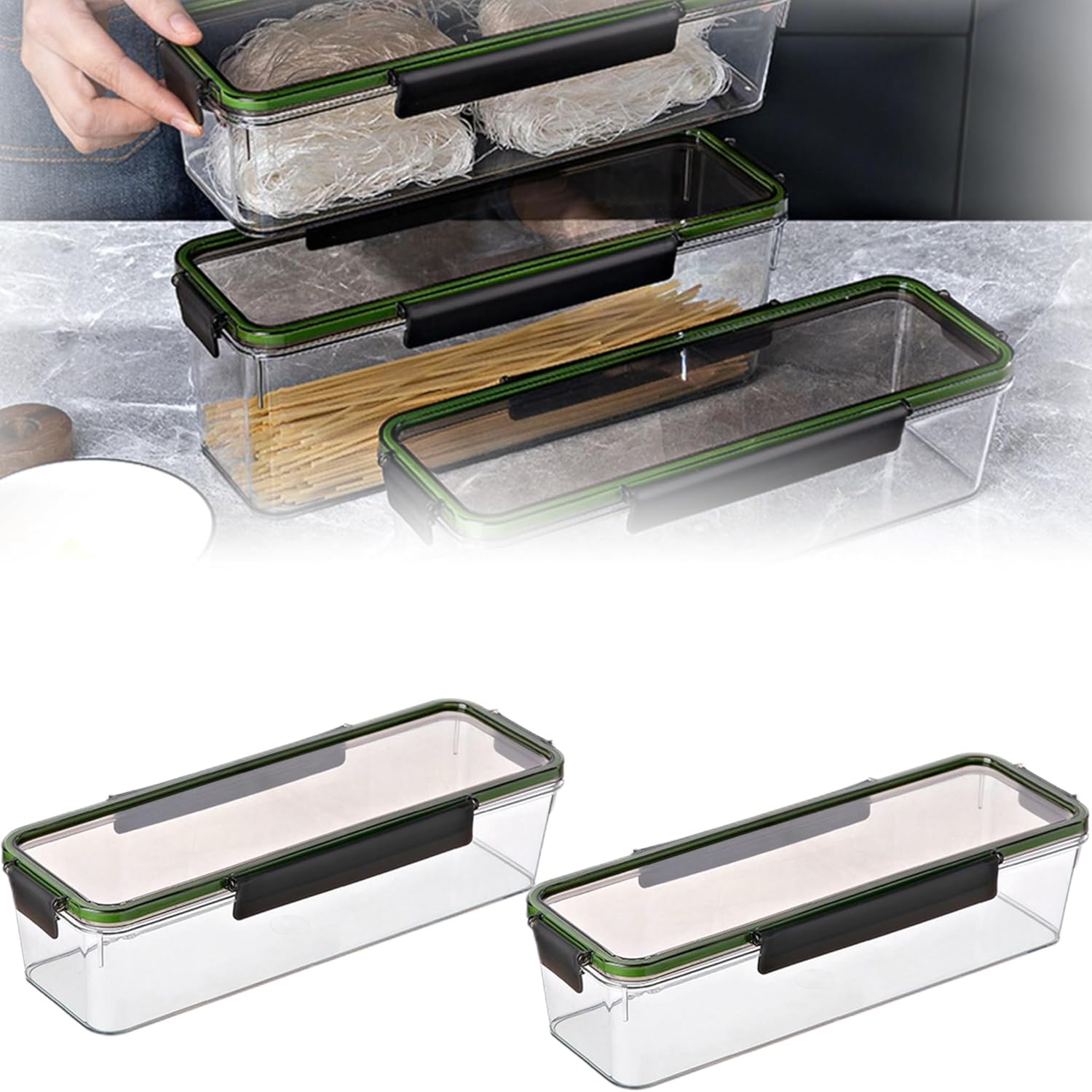 Airtight Pasta Pantry Container, Transparent Vegetable and Cakes Storage Box, Rectangular Canister with Lids Spaghetti Container, Multipurpose Food Storage Containers for Pasta (1.5L-2 PCS)