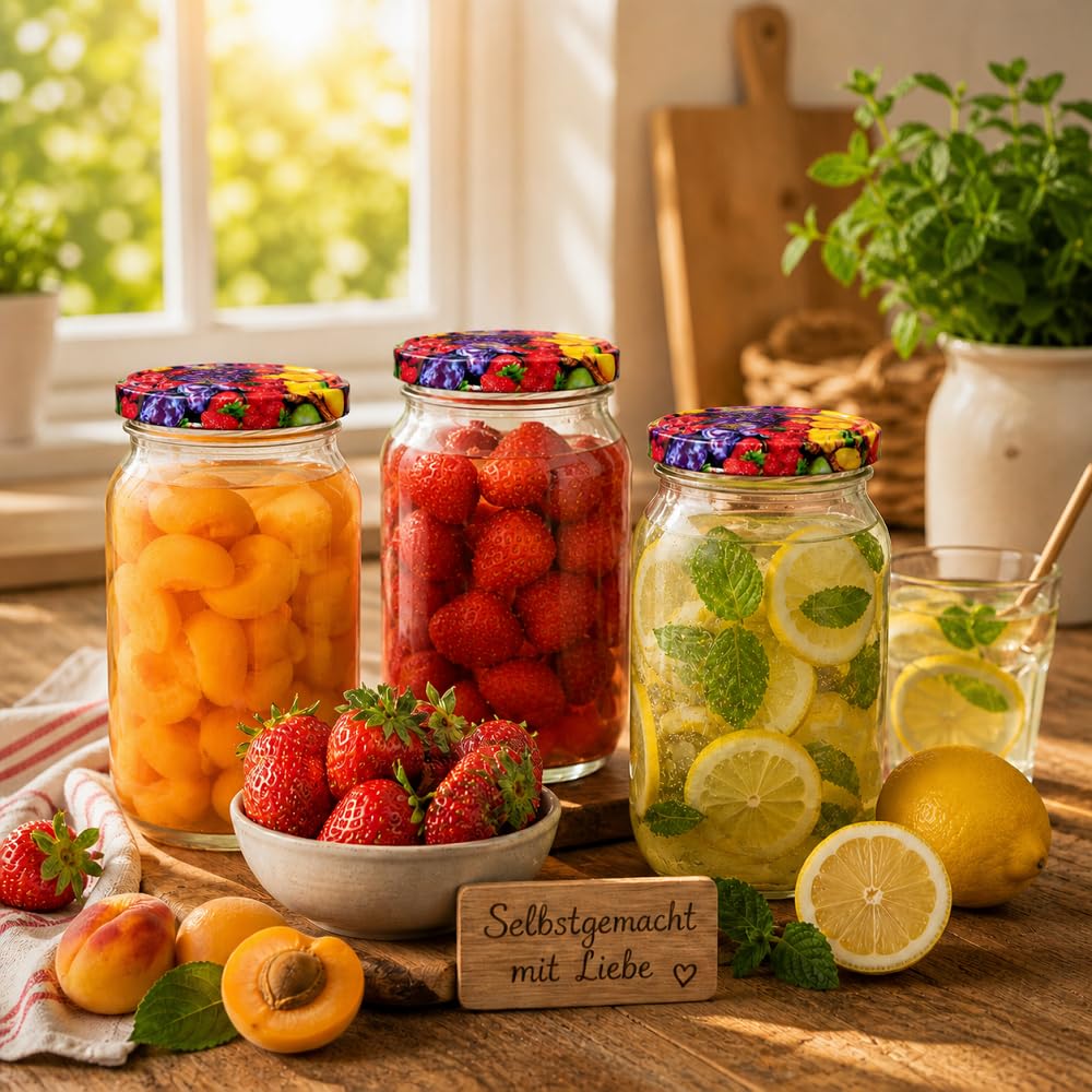 Słoiki na przetwory 540 ml z pokrywką z motywem owoców zestaw 82-48 szt. - słoiki do gotowania i fermentacji - słoiki zakręcane do dżemu i przechowywania zapasów - 115 x 90 mm